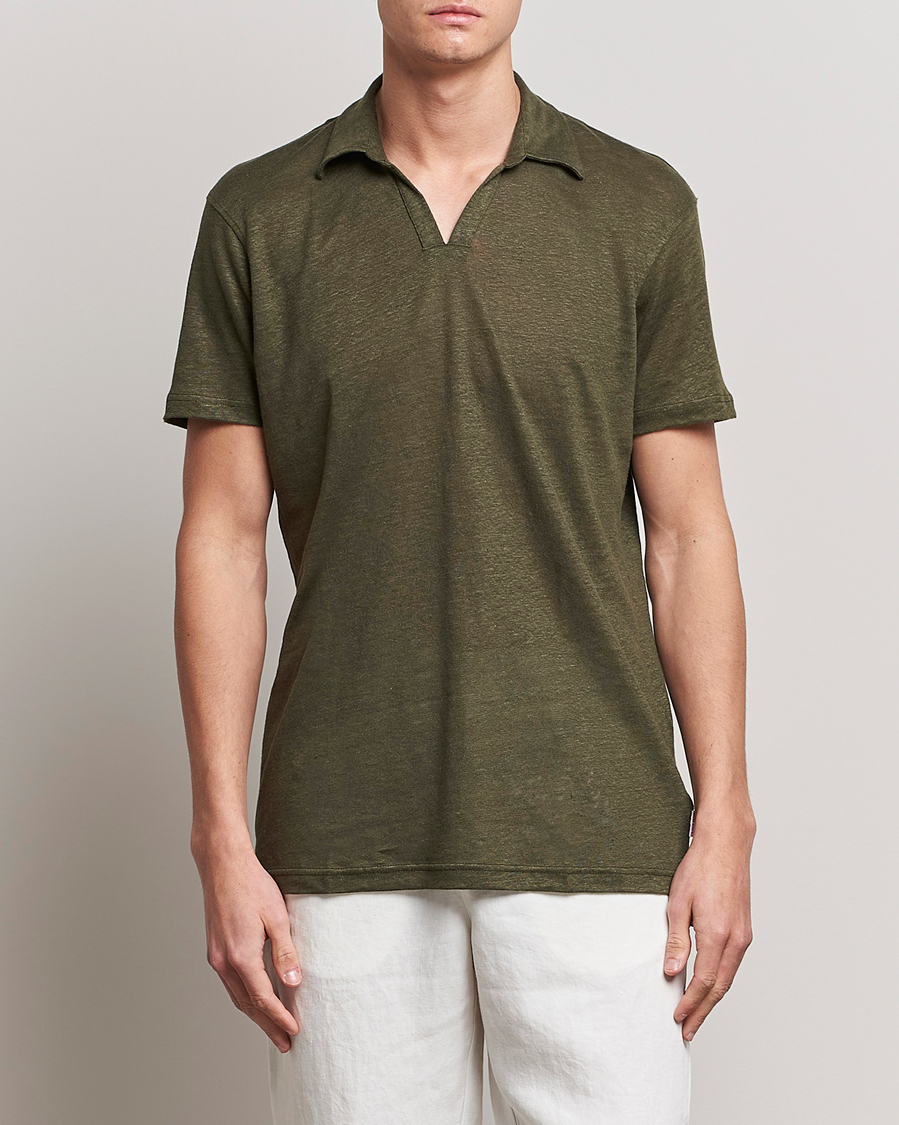 Homme | Polos | Orlebar Brown | Felix Placket Short Sleeve Linen Polo Palm