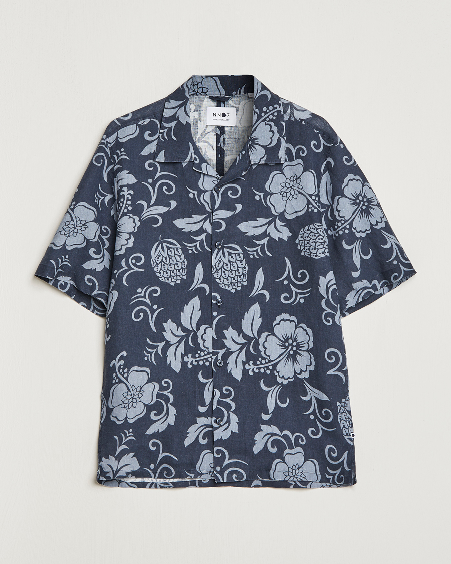 Homme | Chemises | NN07 | Ole Short Sleeve Printed Linen Shirt Navy