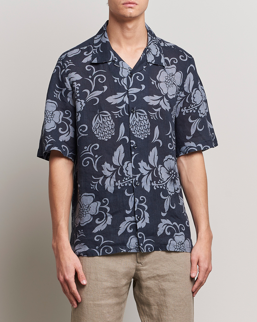 Homme | Chemises | NN07 | Ole Short Sleeve Printed Linen Shirt Navy