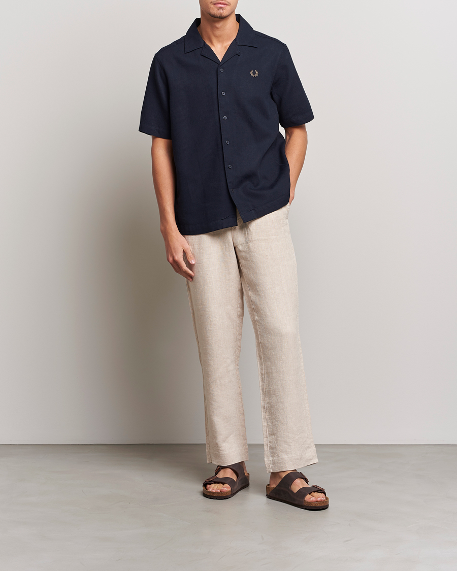 Homme | Chemises | Fred Perry | Woven Pique Short Sleeve Linen Shirt Navy
