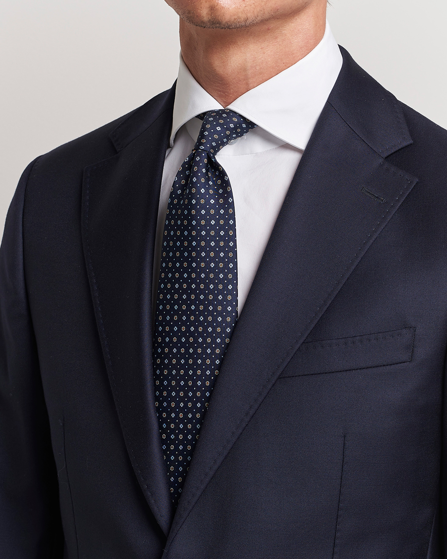 Homme | E. Marinella 3-Fold Printed Silk Tie Navy | E. Marinella | 3-Fold Printed Silk Tie Navy