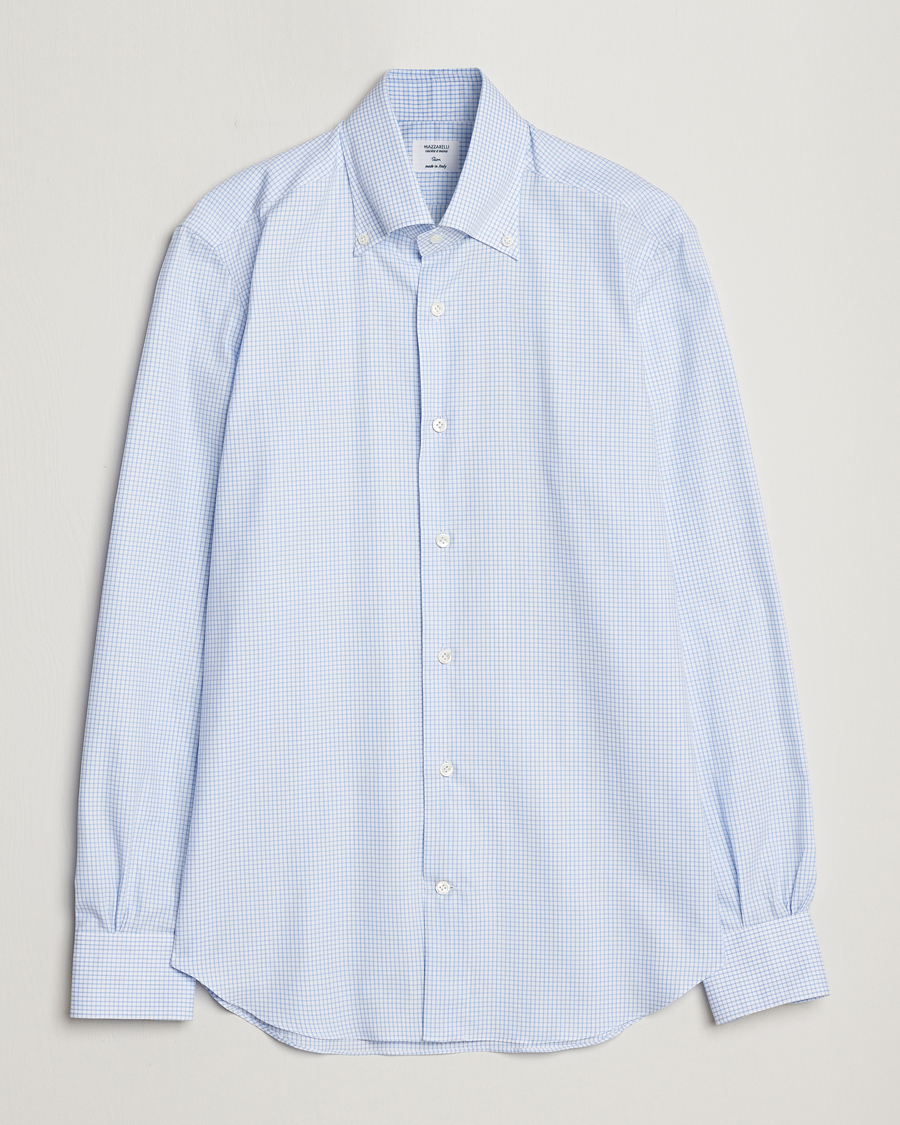 Heren | Overhemden | Mazzarelli | Soft Button Down Checked Shirt Light Blue