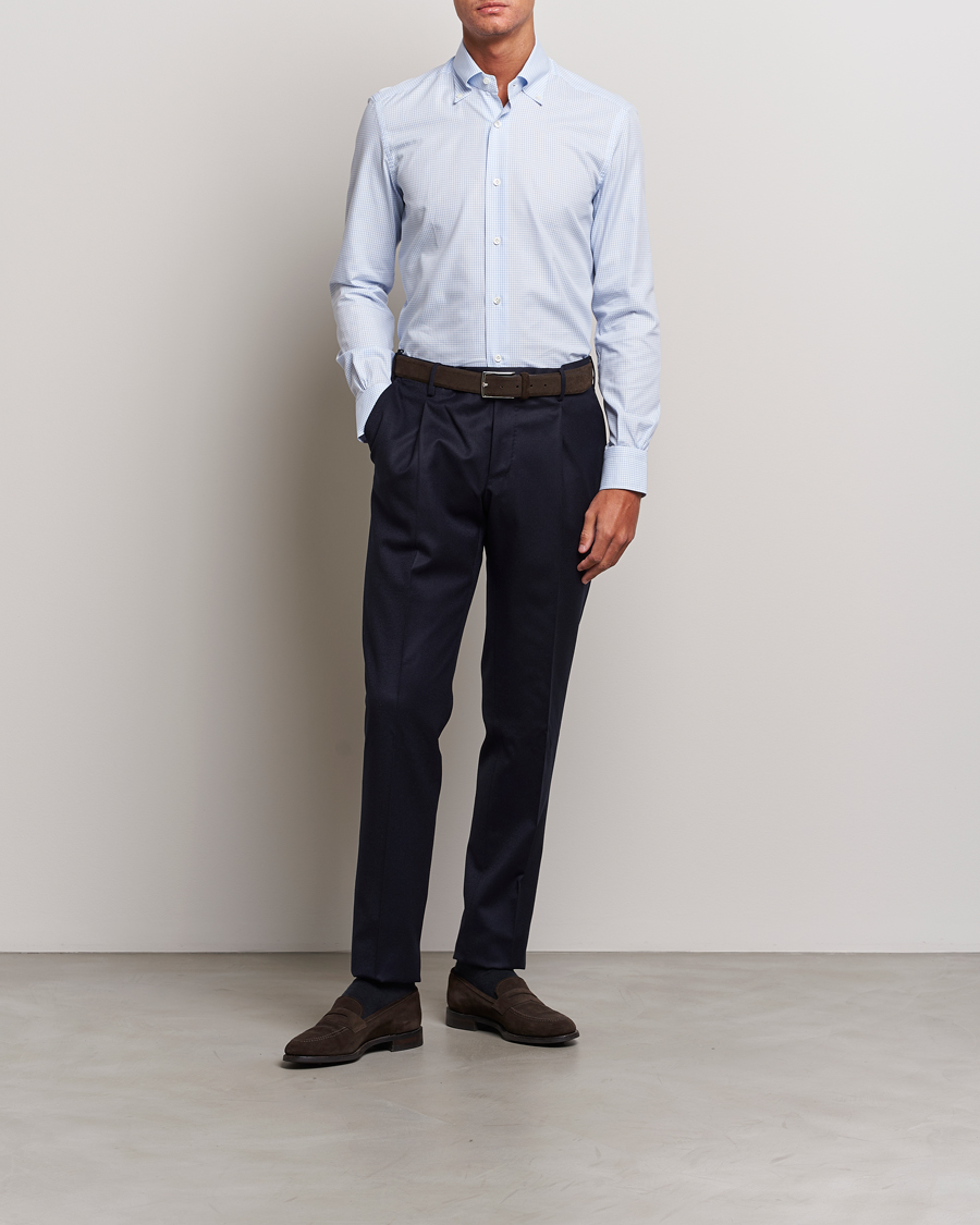 Heren | Overhemden | Mazzarelli | Soft Button Down Checked Shirt Light Blue