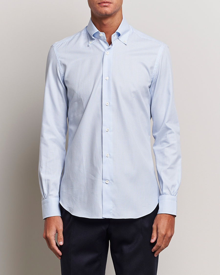 Heren | Overhemden | Mazzarelli | Soft Button Down Checked Shirt Light Blue