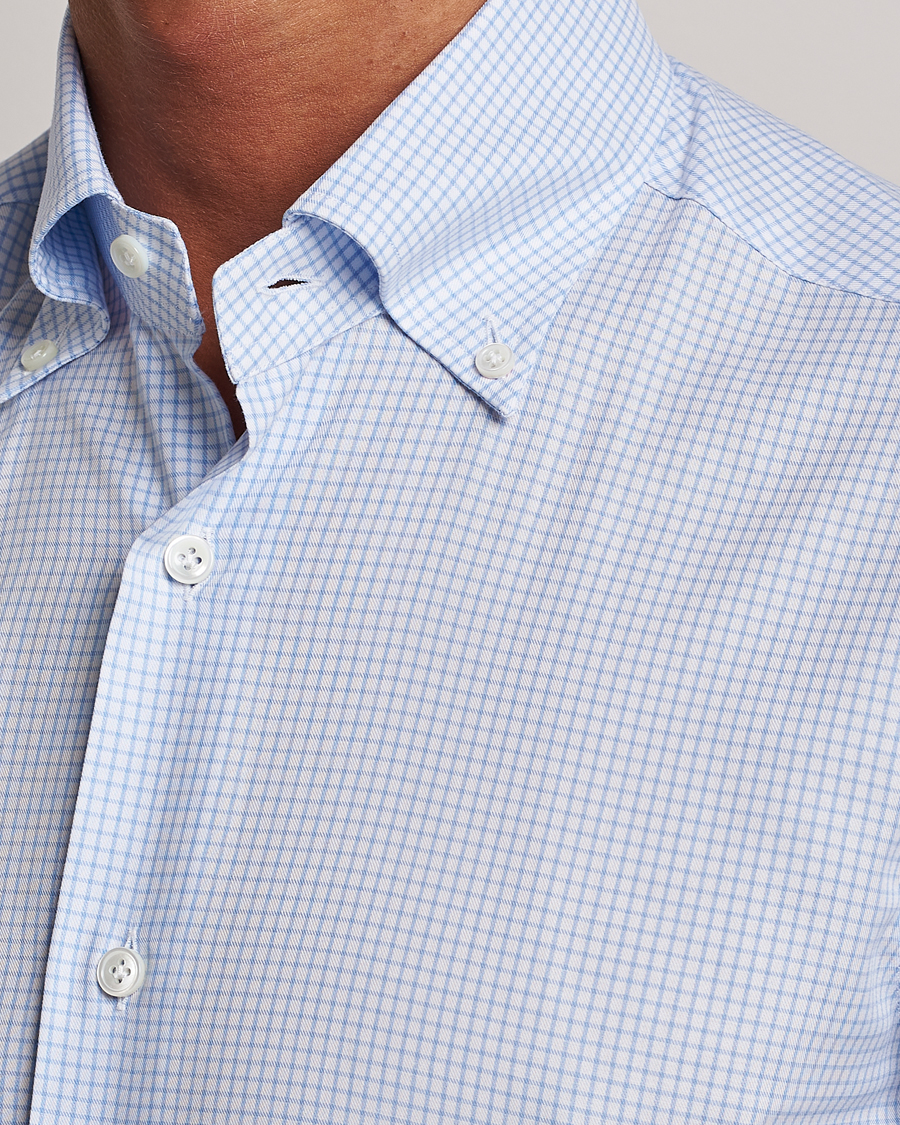 Heren | Overhemden | Mazzarelli | Soft Button Down Checked Shirt Light Blue