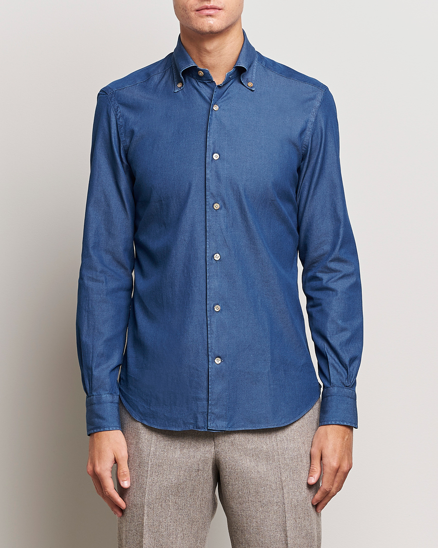 Homme | Chemises | Mazzarelli | Soft Button Down Denim Shirt Blue Wash
