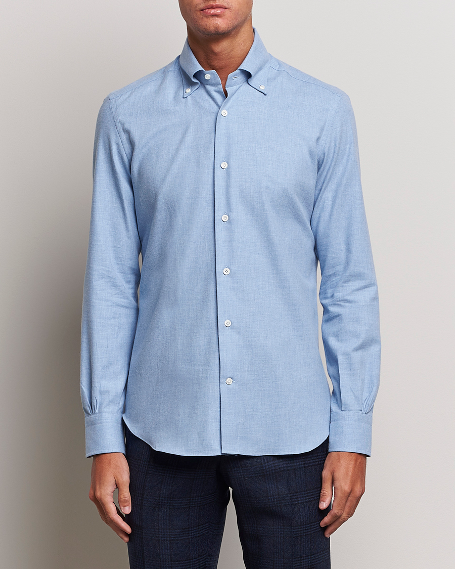 Homme | Chemises | Mazzarelli | Soft Button Down Flannel Shirt Light Blue