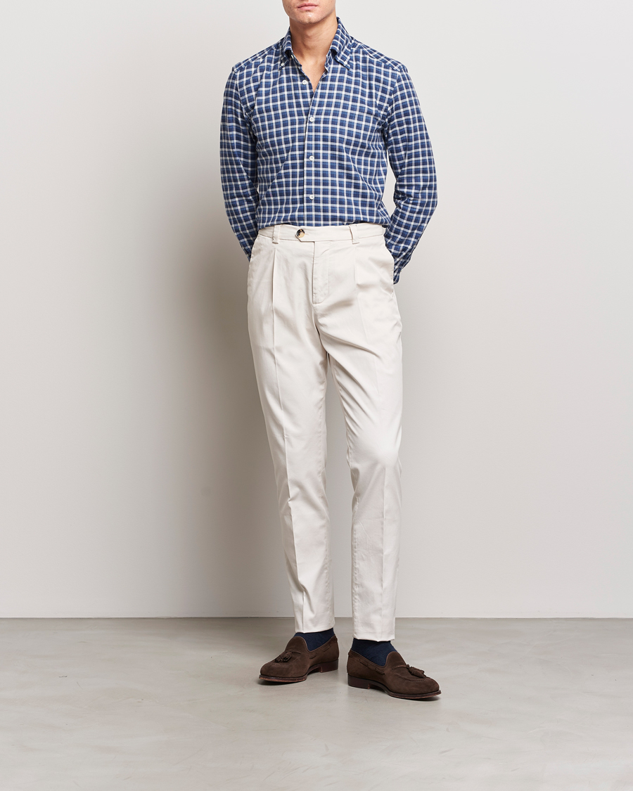 Homme | Chemises | Mazzarelli | Soft Button Down Flannel Shirt Dark Blue