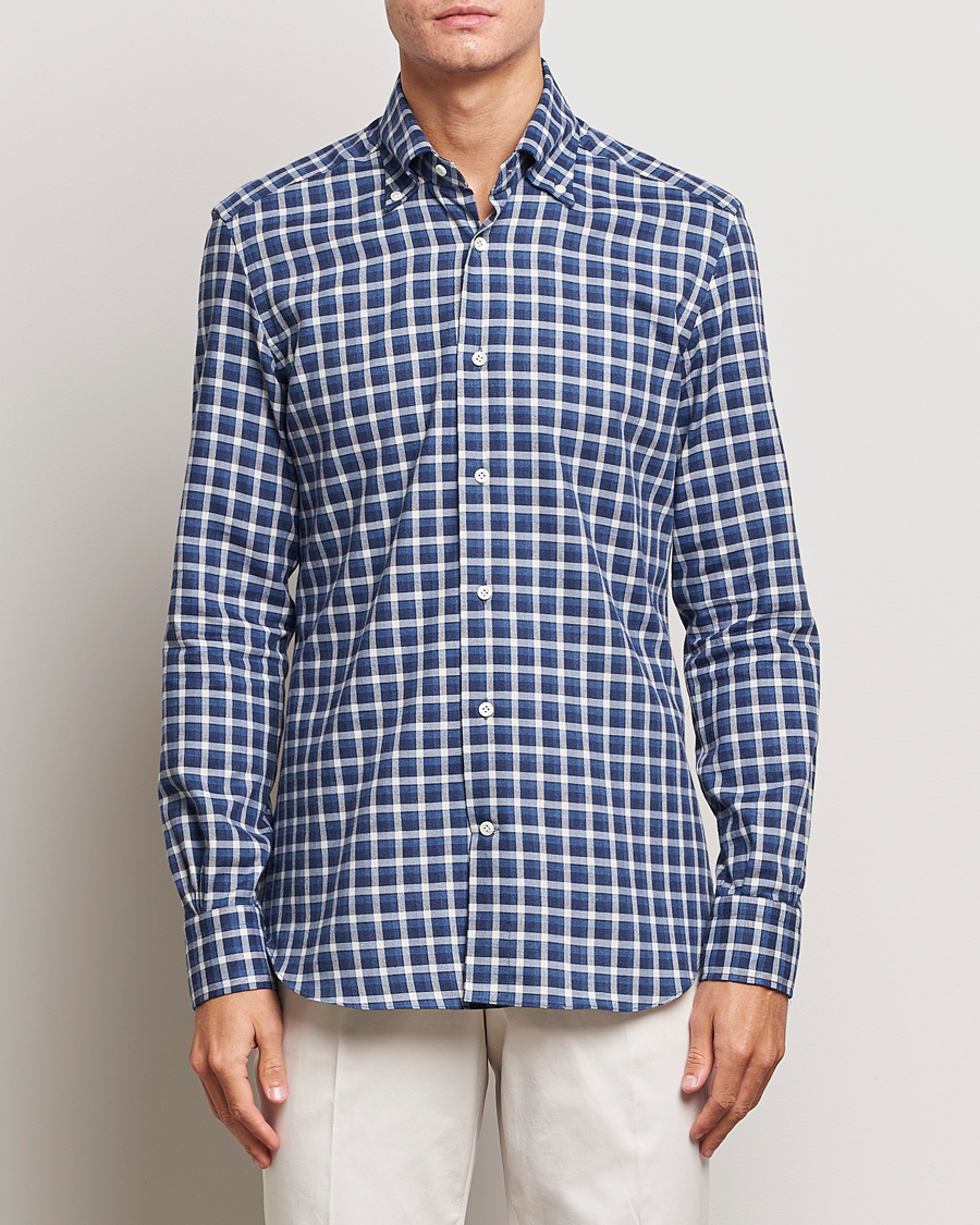 Homme | Chemises | Mazzarelli | Soft Button Down Flannel Shirt Dark Blue