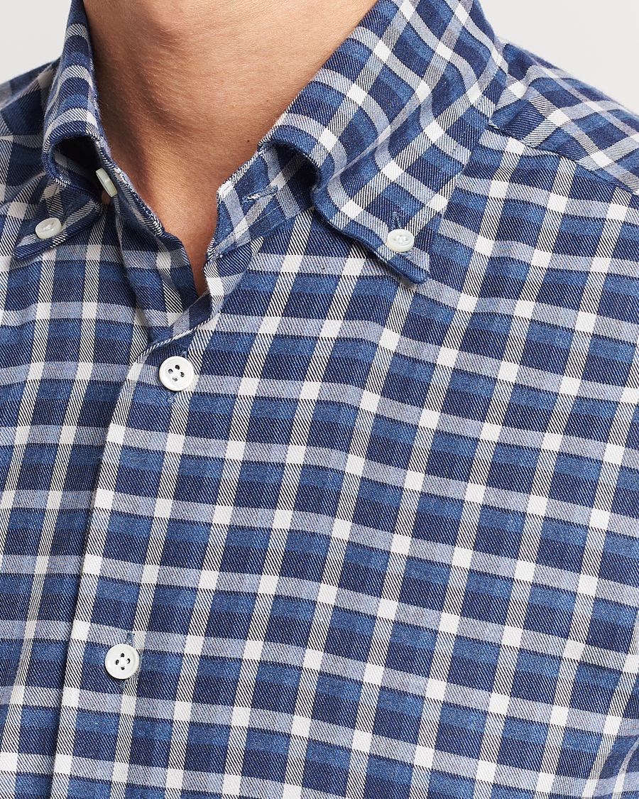 Homme | Chemises | Mazzarelli | Soft Button Down Flannel Shirt Dark Blue