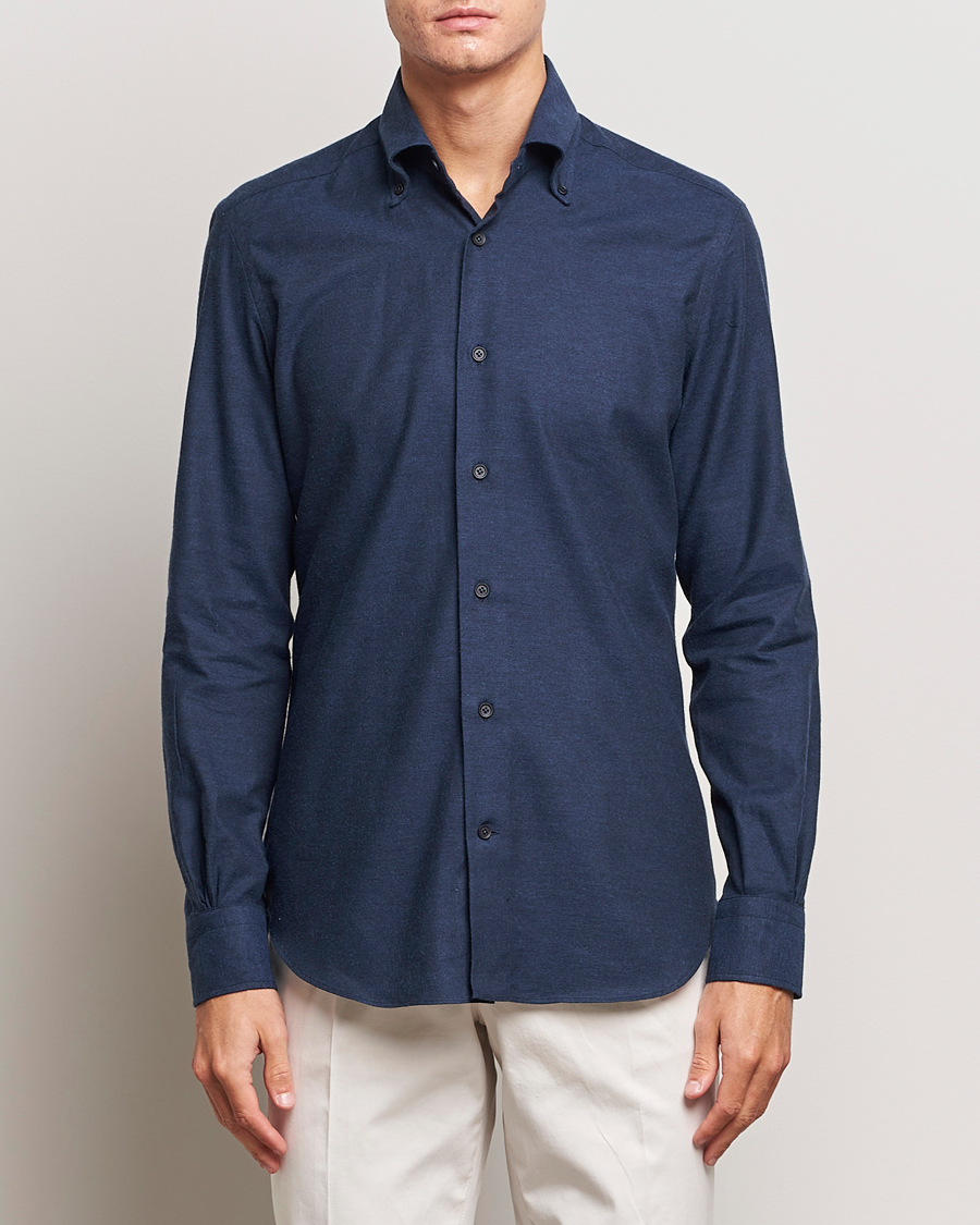Homme | Chemises | Mazzarelli | Soft Button Down Flannel Shirt Navy