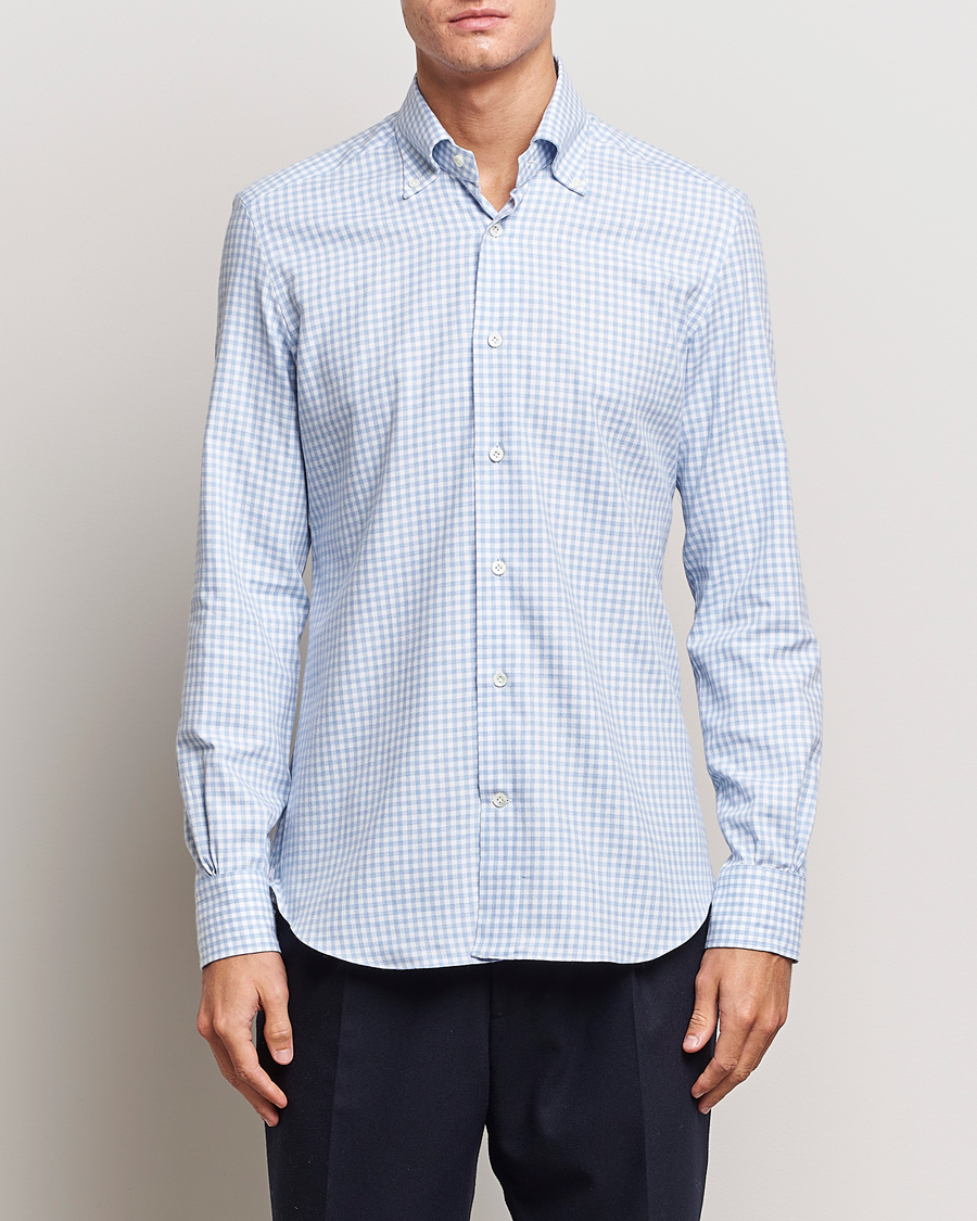 Homme | Chemises | Mazzarelli | Soft Button Down Flannel Shirt Light Blue