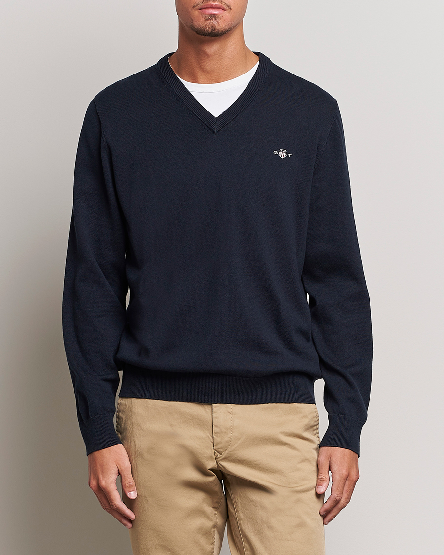 Heren | Truien | Gant | Classic Cotton V-Neck Evening Blue