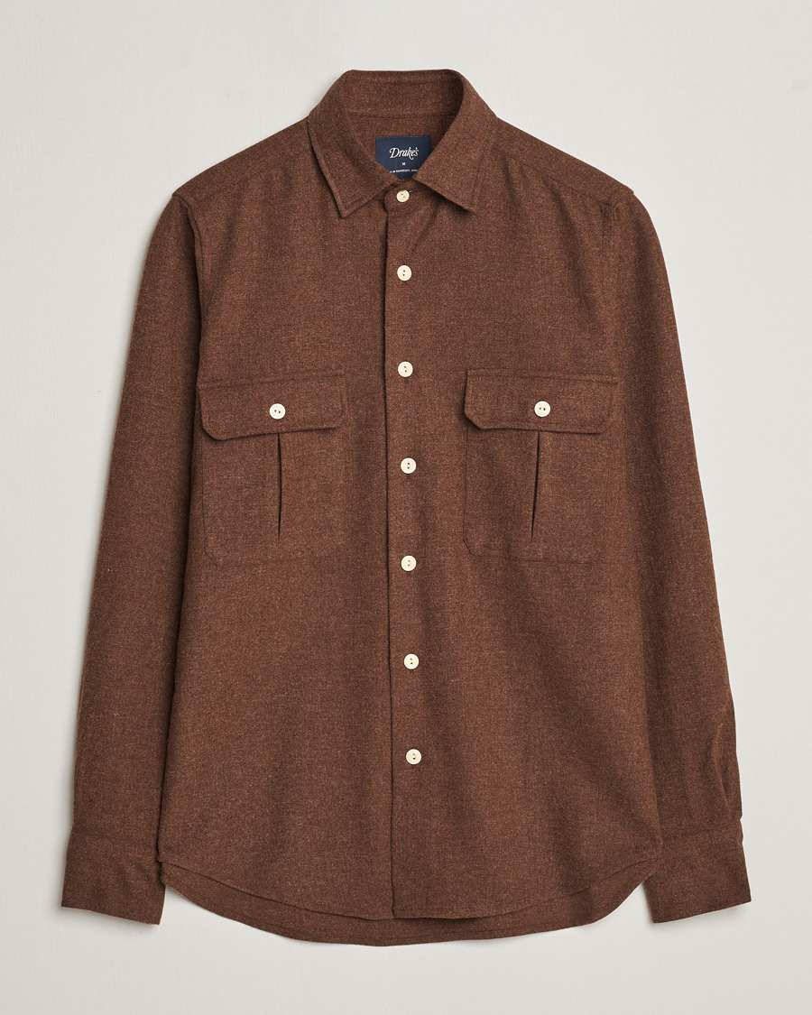 Homme | Chemises | Drake's | Merino Wool Work Shirt Brown