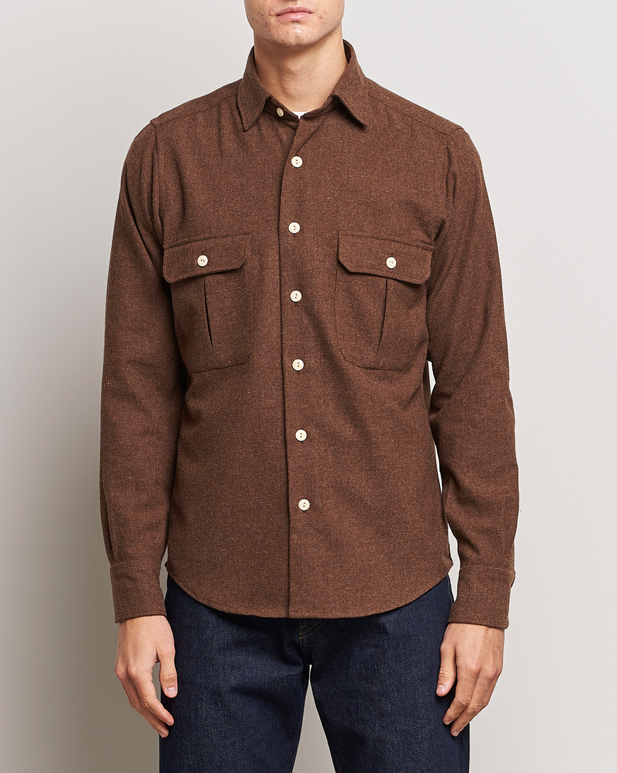 Homme | Chemises | Drake's | Merino Wool Work Shirt Brown
