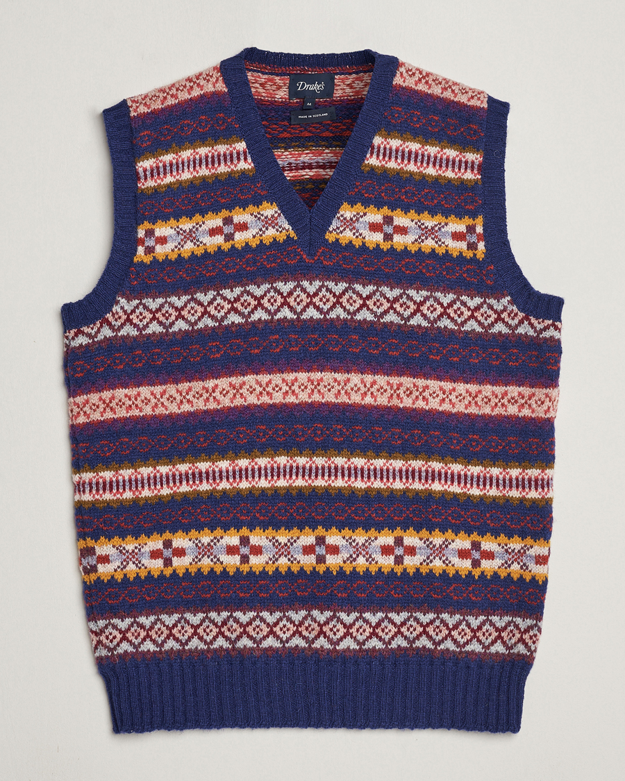 Heren | Truien | Drake's | Fairisle Print Wool Vest Navy