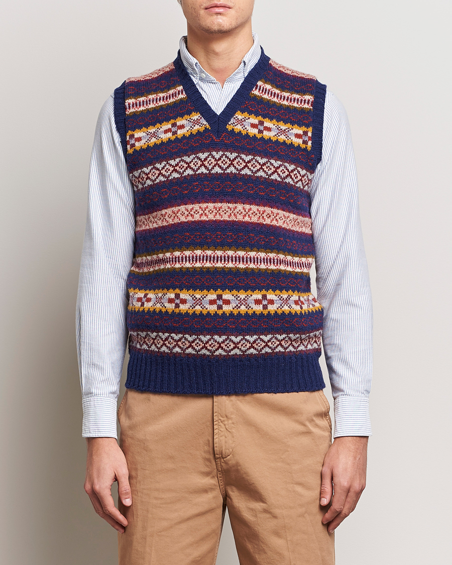 Heren | Truien | Drake's | Fairisle Print Wool Vest Navy