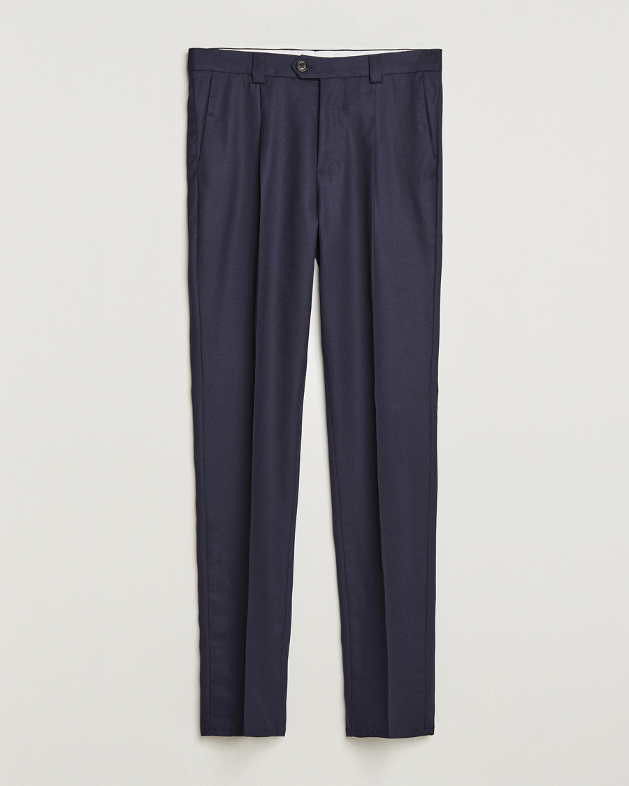 Homme | Pantalons | Brunello Cucinelli | Slim Fit Pleated Flannel Trousers Navy