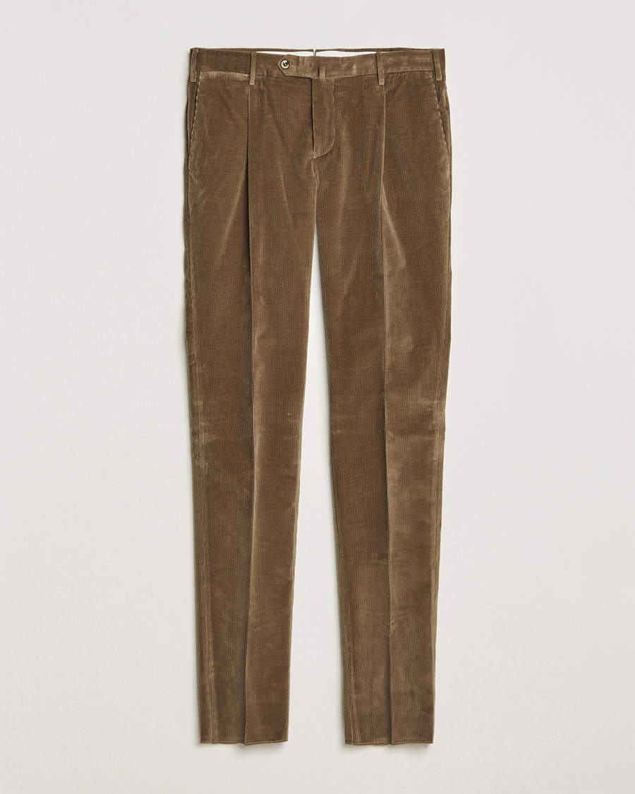 Homme | Pantalons | PT01 | Slim Fit Pleated Corduroy Trousers Taupe