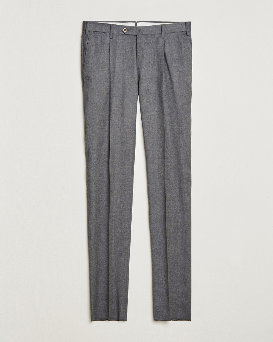 Homme | Pantalons | PT01 | Slim Fit Pleated Flannel Trousers Grey Melange