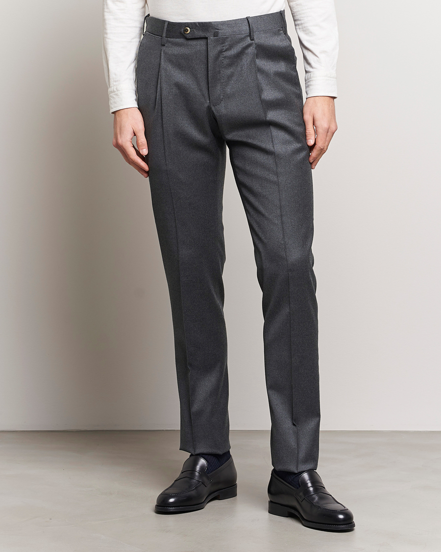 Homme | Pantalons | PT01 | Slim Fit Pleated Flannel Trousers Dark Grey