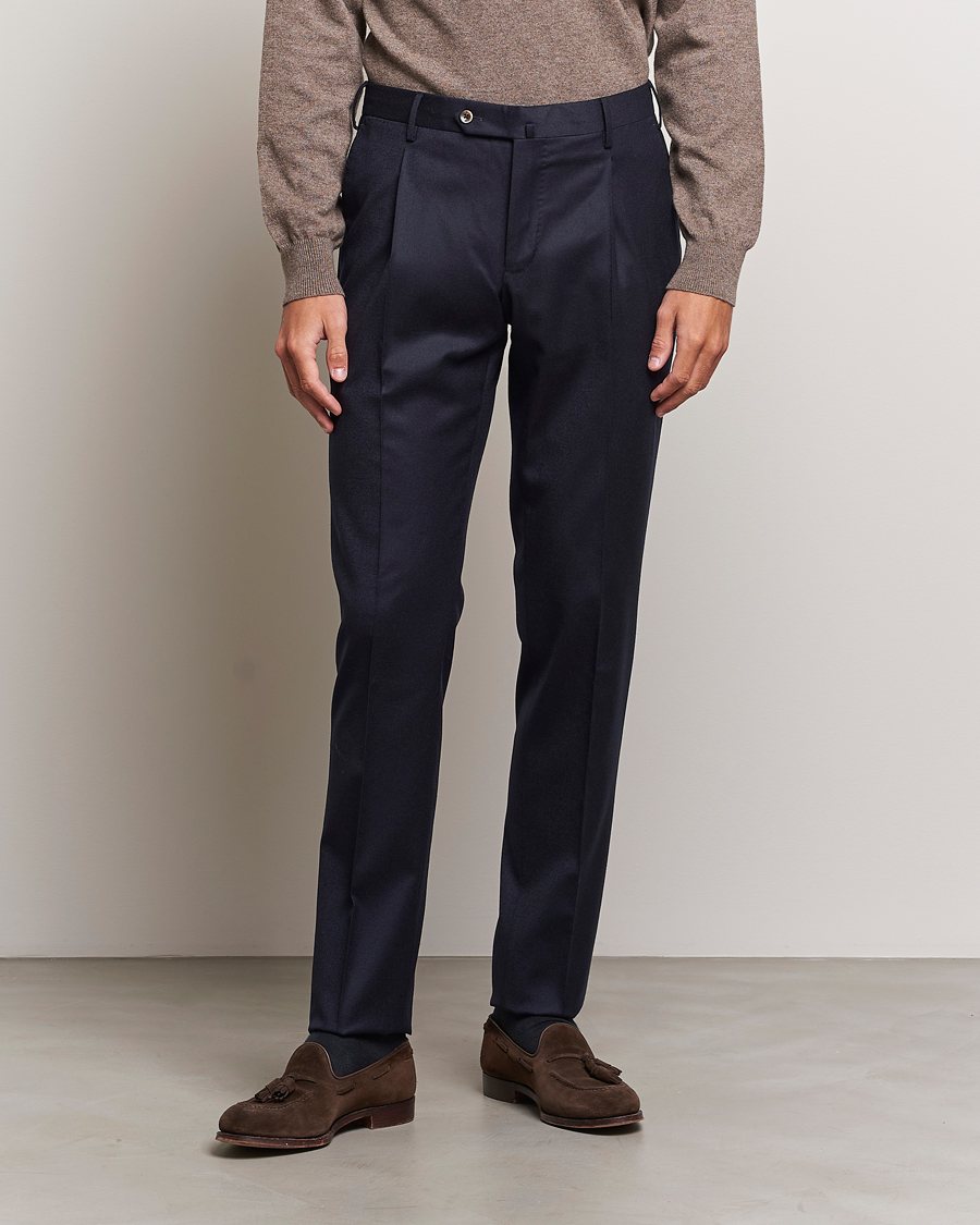 Homme | Pantalons | PT01 | Slim Fit Pleated Flannel Trousers Navy