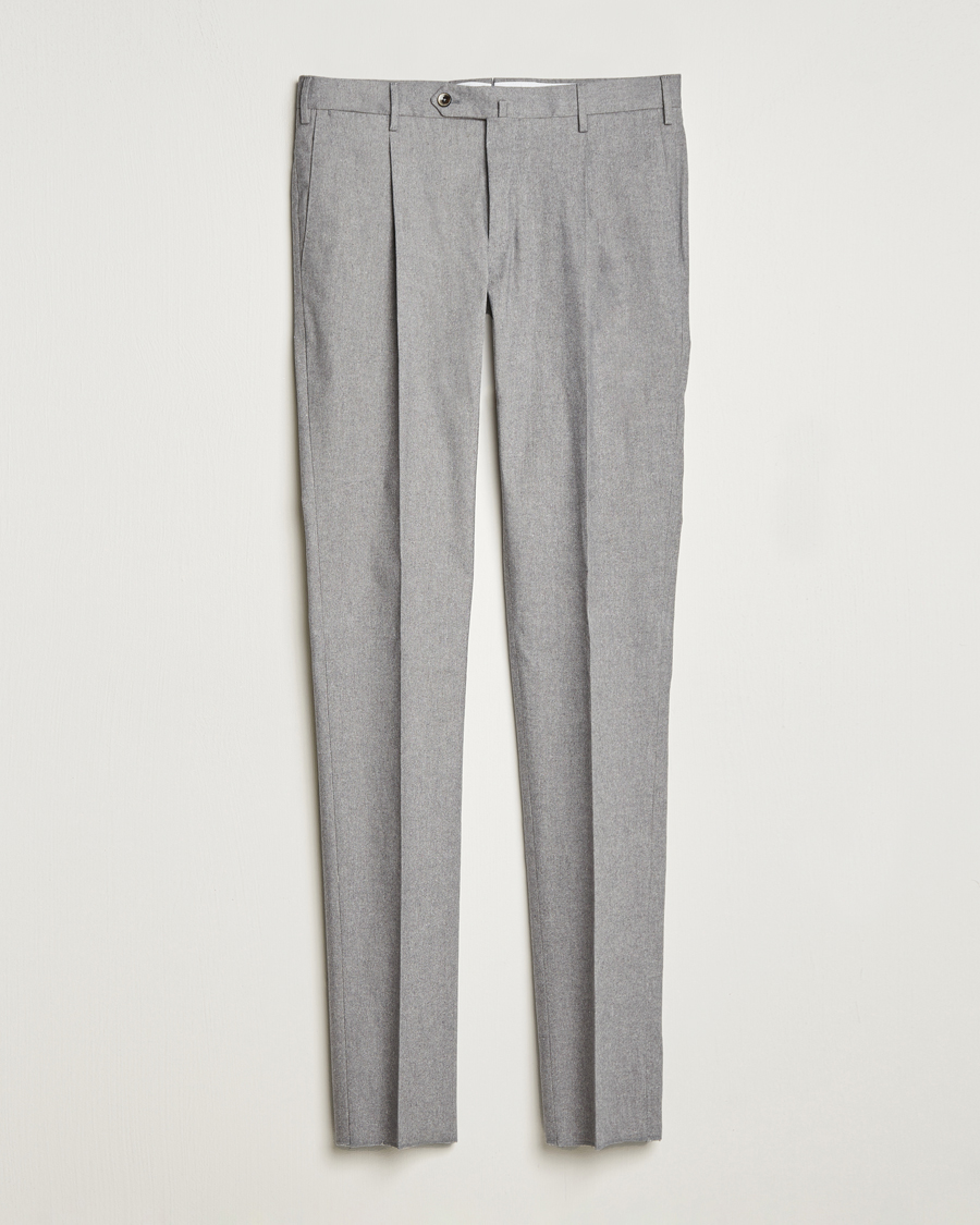 Homme | Pantalons | PT01 | Slim Fit Pleated Cotton Flannel Trousers Light Grey