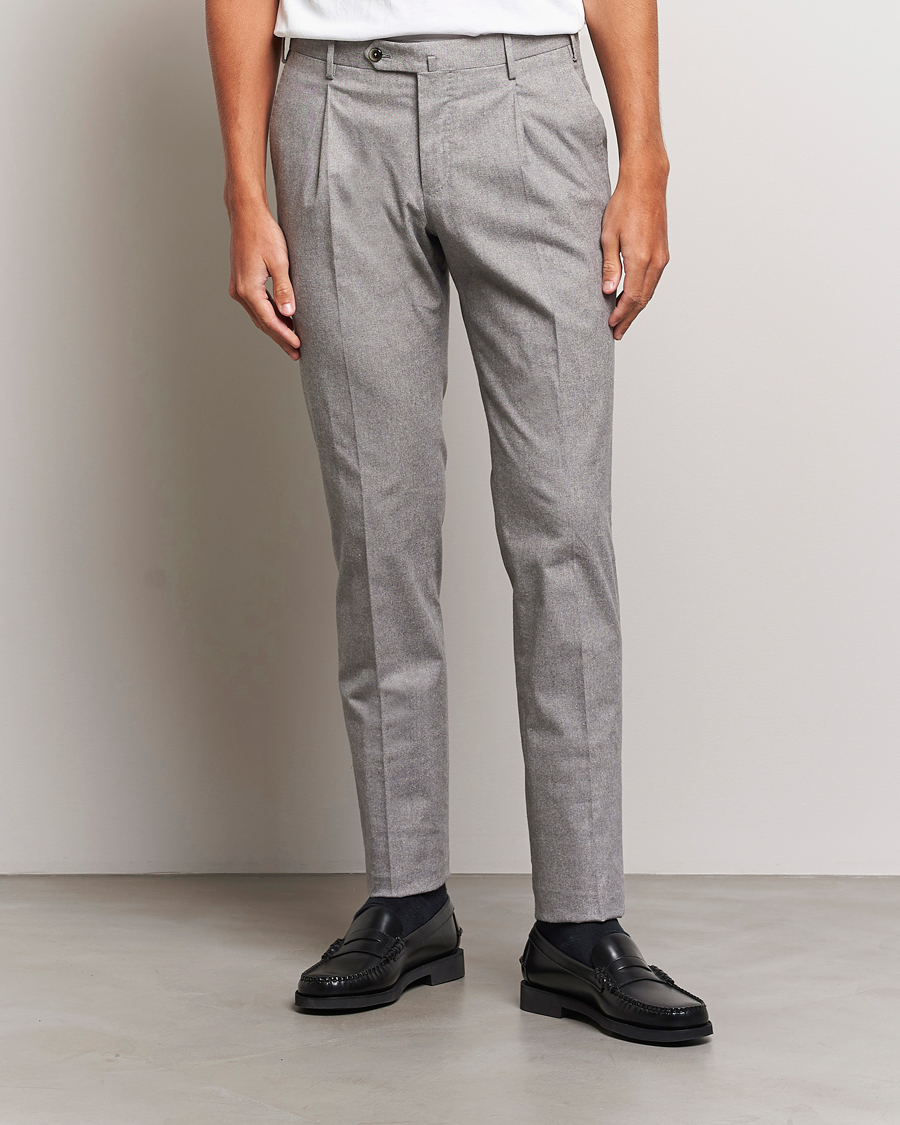 Homme | Pantalons | PT01 | Slim Fit Pleated Cotton Flannel Trousers Light Grey