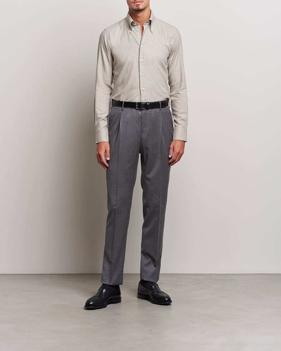 Homme | Chemises | 100Hands | Cotton/Cashmere Button Down Flannel Shirt Taupe