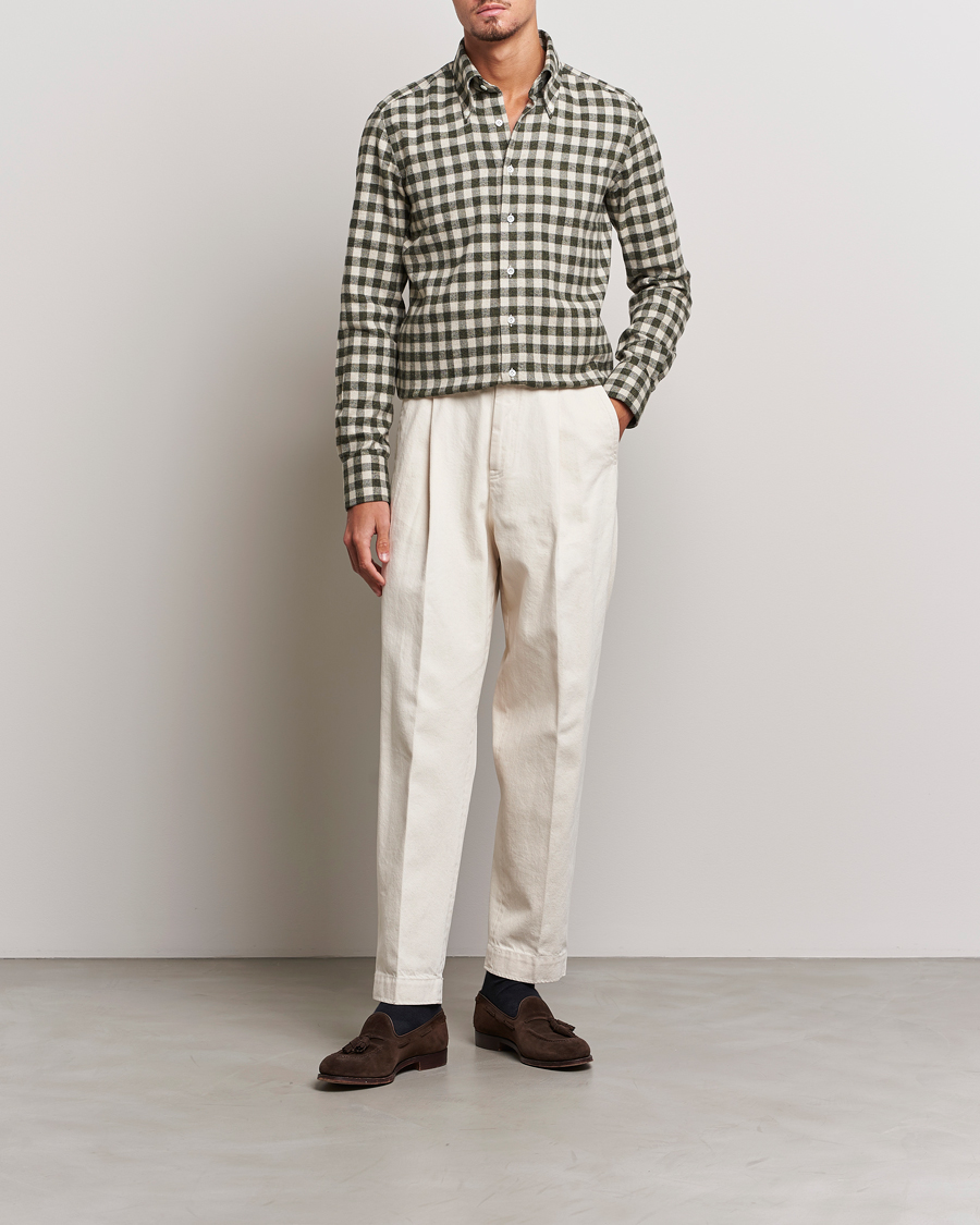 Homme | Chemises | 100Hands | Checked Cotton Flannel Shirt Green Grey