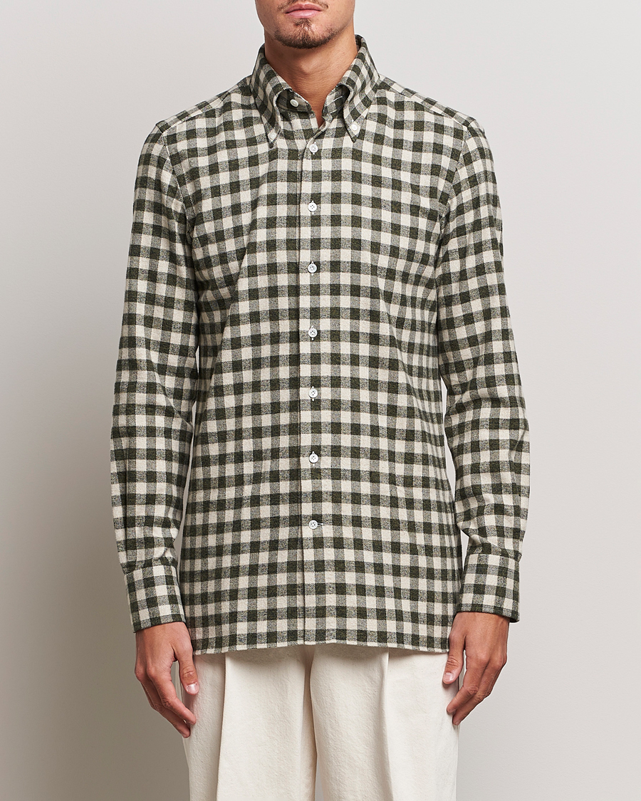 Homme | Chemises | 100Hands | Checked Cotton Flannel Shirt Green Grey