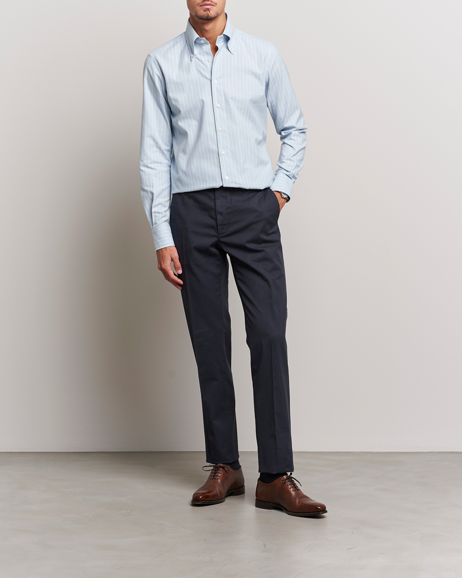 Homme | Chemises | 100Hands | Striped Cotton Flannel Shirt Light Blue