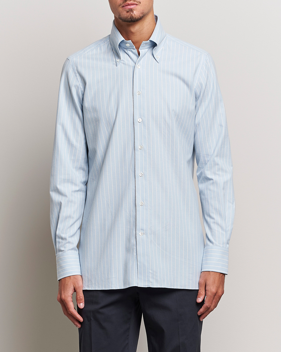 Homme | Chemises | 100Hands | Striped Cotton Flannel Shirt Light Blue