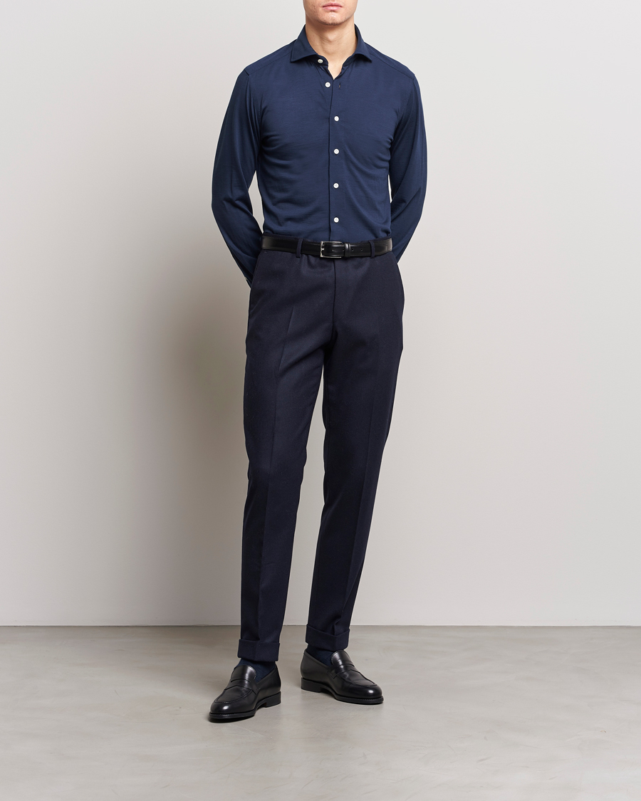 Homme | Chemises | 100Hands | Wool Cut Away Shirt Navy Blue