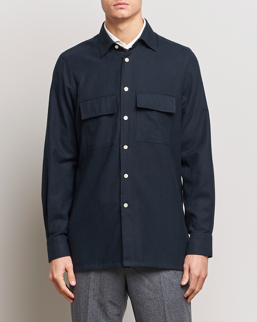 Homme | Chemises | Kiton | Herringbone Flannel Overshirt Midnight