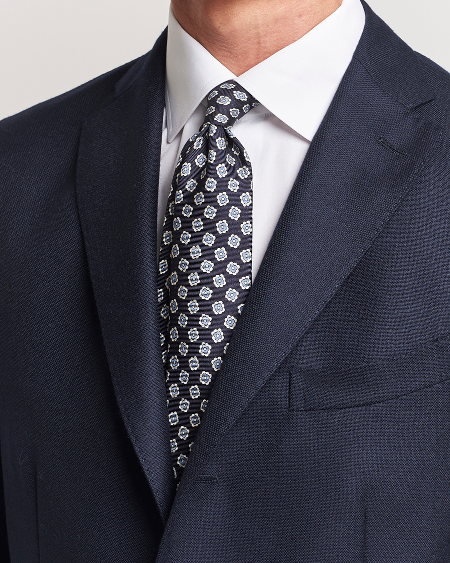 Homme | Kiton Flower Print Silk Tie Navy | Kiton | Flower Print Silk Tie Navy