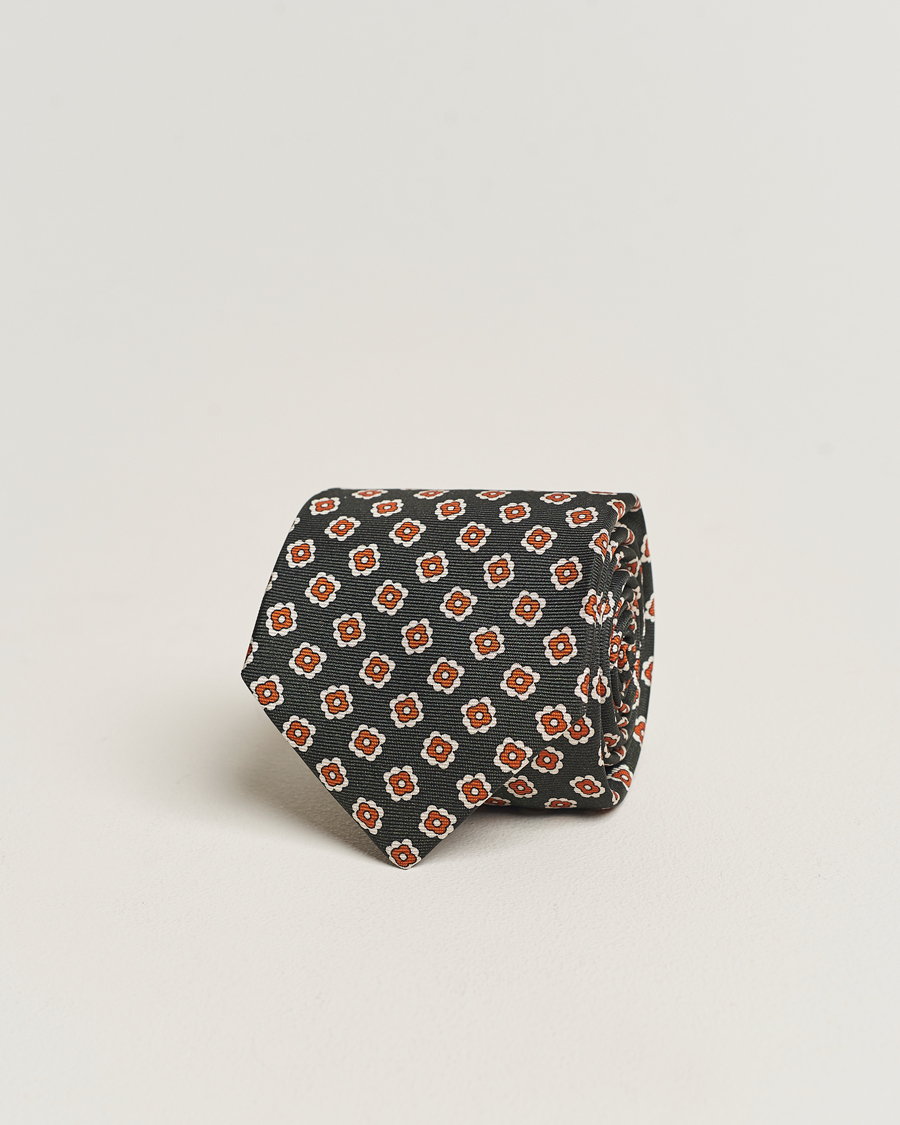 Homme | Kiton Flower Print Silk Tie Dark Green | Kiton | Flower Print Silk Tie Dark Green