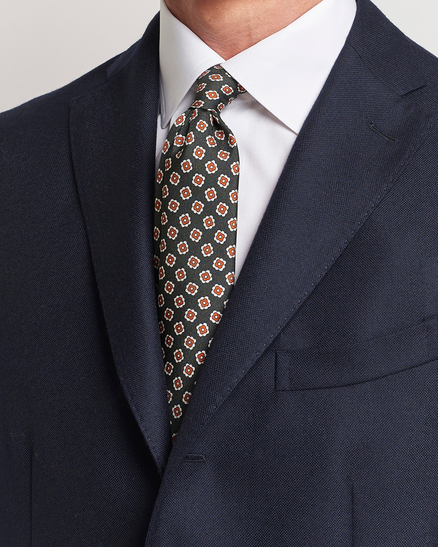 Homme | Kiton Flower Print Silk Tie Dark Green | Kiton | Flower Print Silk Tie Dark Green