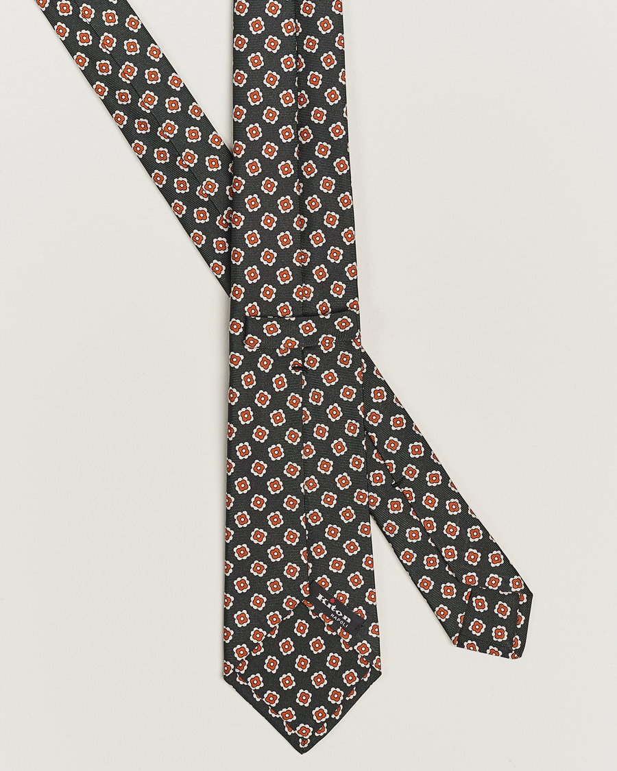 Homme | Kiton Flower Print Silk Tie Dark Green | Kiton | Flower Print Silk Tie Dark Green