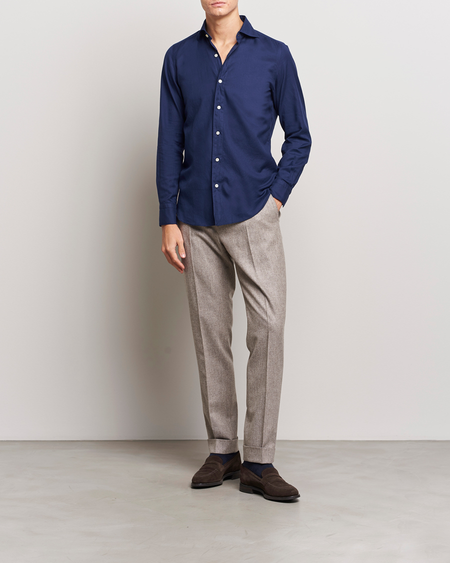Heren | Overhemden | Finamore Napoli | Tokyo Slim Flannel Shirt Navy
