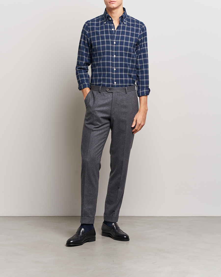 Homme | Chemises | Finamore Napoli | Tokyo Slim Flannel Button Down Shirt Navy Check