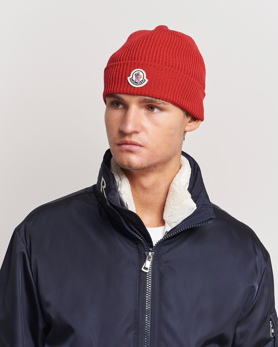 Heren | Moncler Ribbed Wool Beanie Red | Moncler | Ribbed Wool Beanie Red