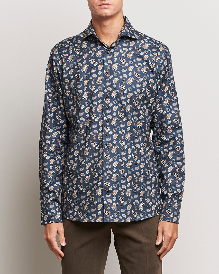 Heren | Overhemden | Eton | Slim Fit Wrinkle Free Flannel Printed Shirt Navy