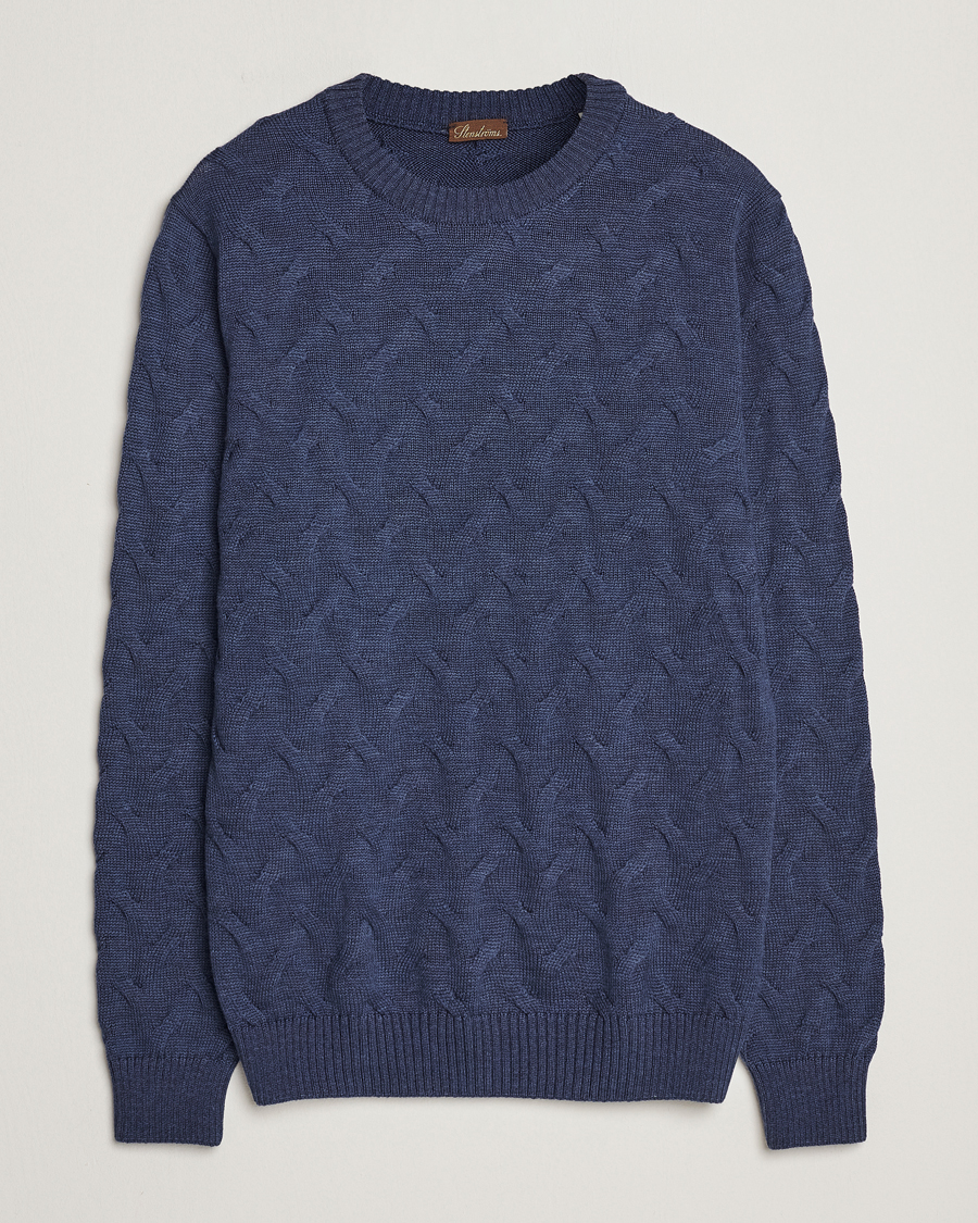 Heren | Truien | Stenströms | Heavy Cable Merino Crew Neck Blue