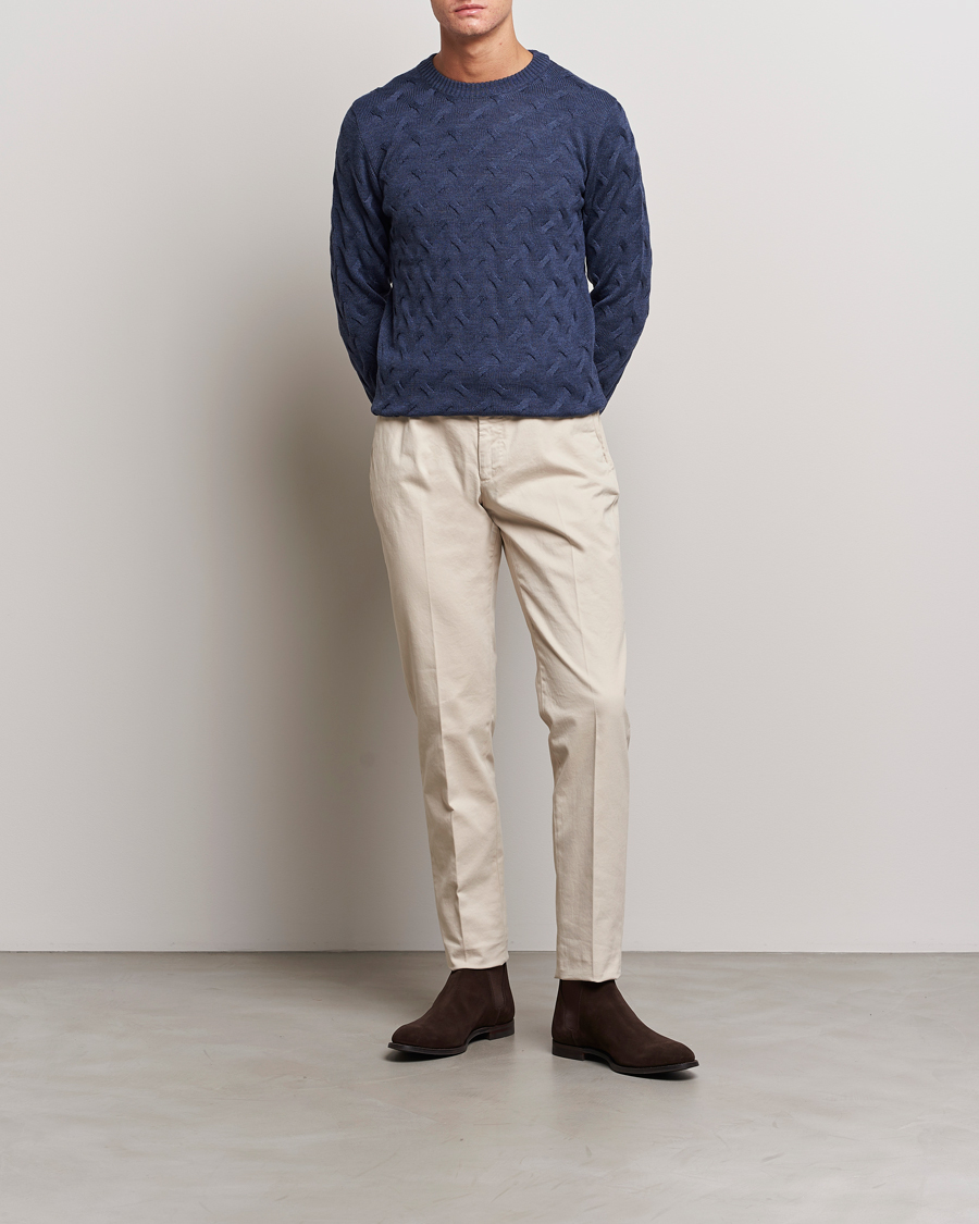 Heren | Truien | Stenströms | Heavy Cable Merino Crew Neck Blue