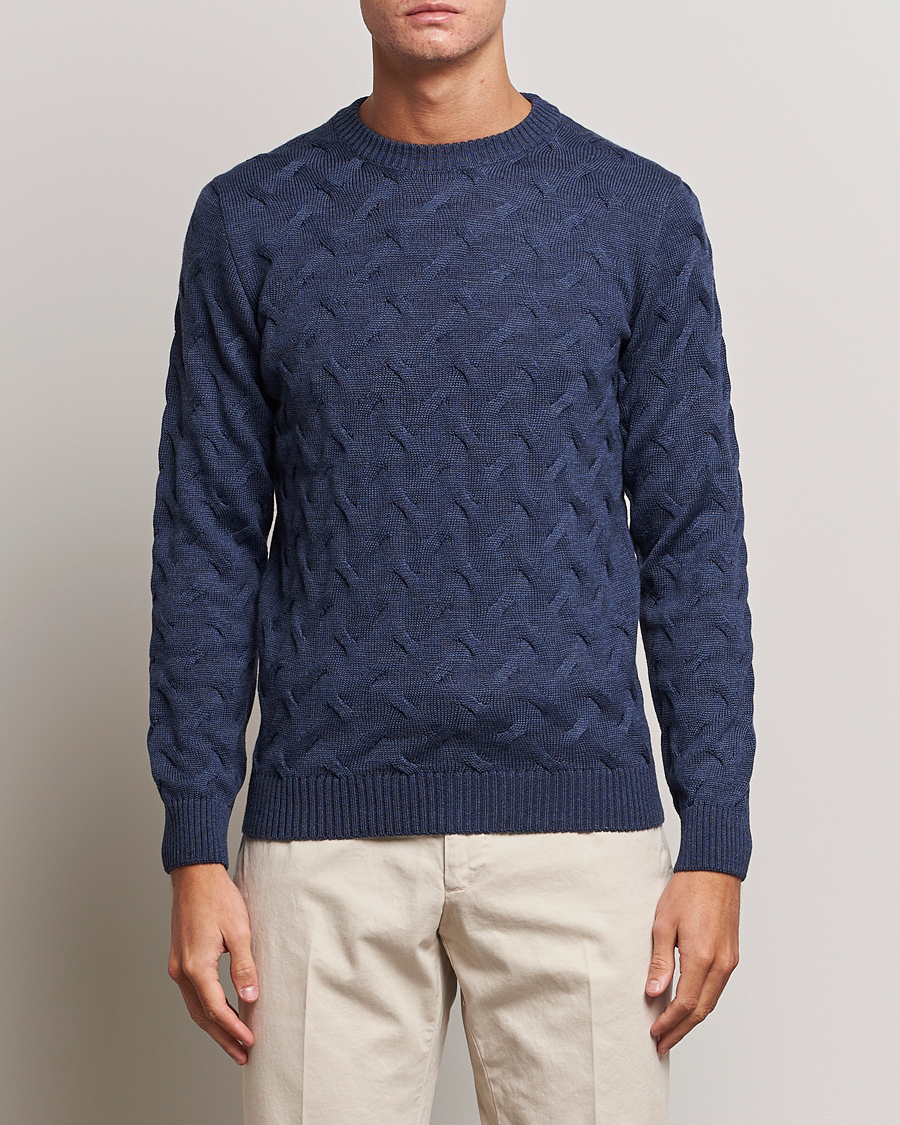 Heren | Truien | Stenströms | Heavy Cable Merino Crew Neck Blue