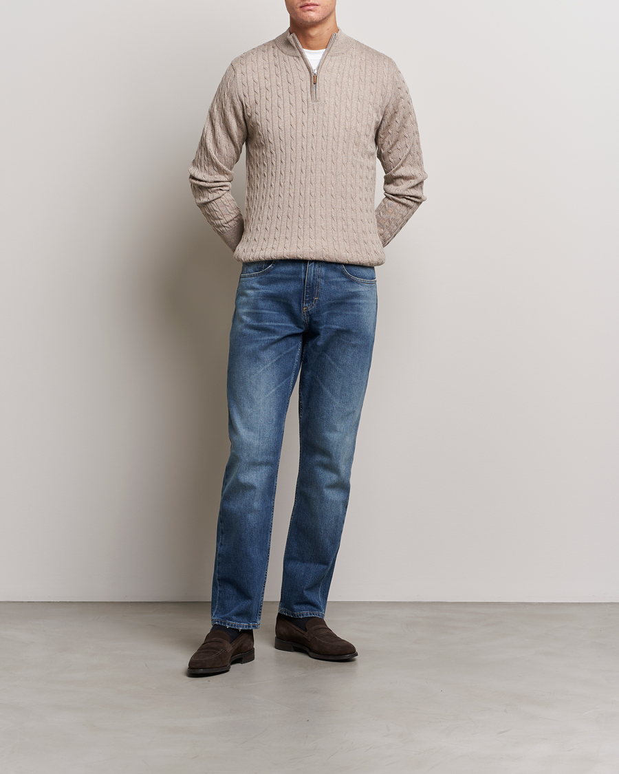 Heren | Truien | Stenströms | Merino Cable Half Zip Beige