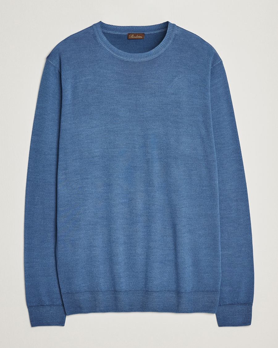 Heren | Truien | Stenströms | Garment Dyed Merino Wool Crewneck Blue