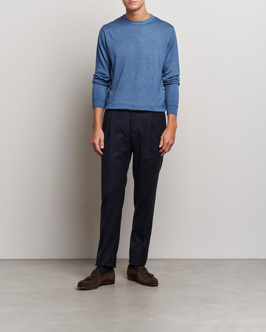 Heren | Truien | Stenströms | Garment Dyed Merino Wool Crewneck Blue