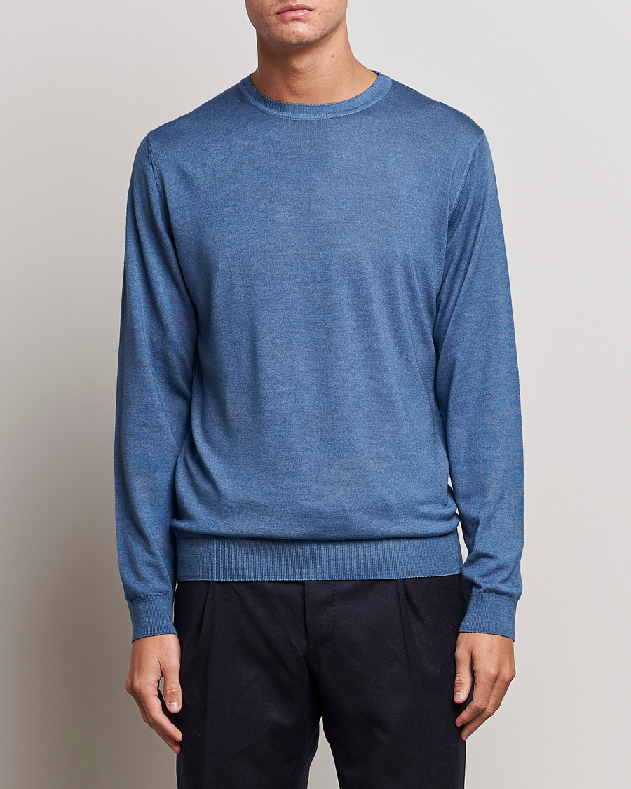 Heren | Truien | Stenströms | Garment Dyed Merino Wool Crewneck Blue